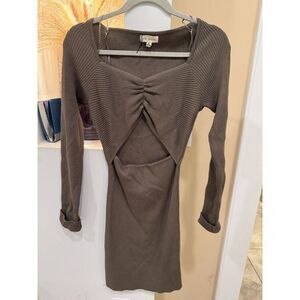 Promesa Brown Ribbed Knit Mini Dress M Long Sleeve Ruched Front Cutout